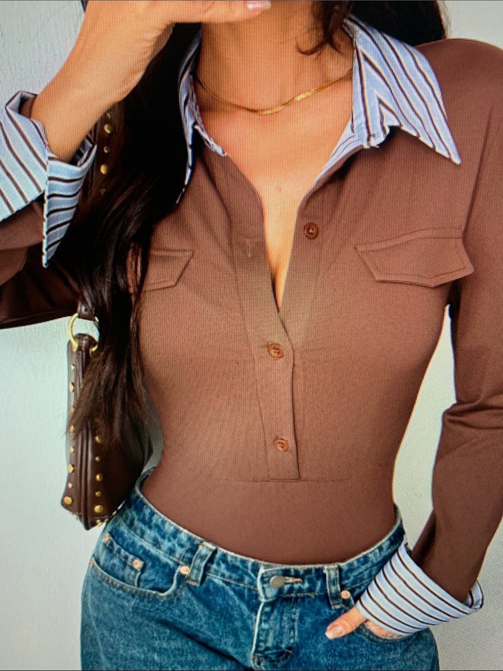 Brown Long-Sleeve Collared Bodysuit with Stripe Trim - Picture 3 of 5